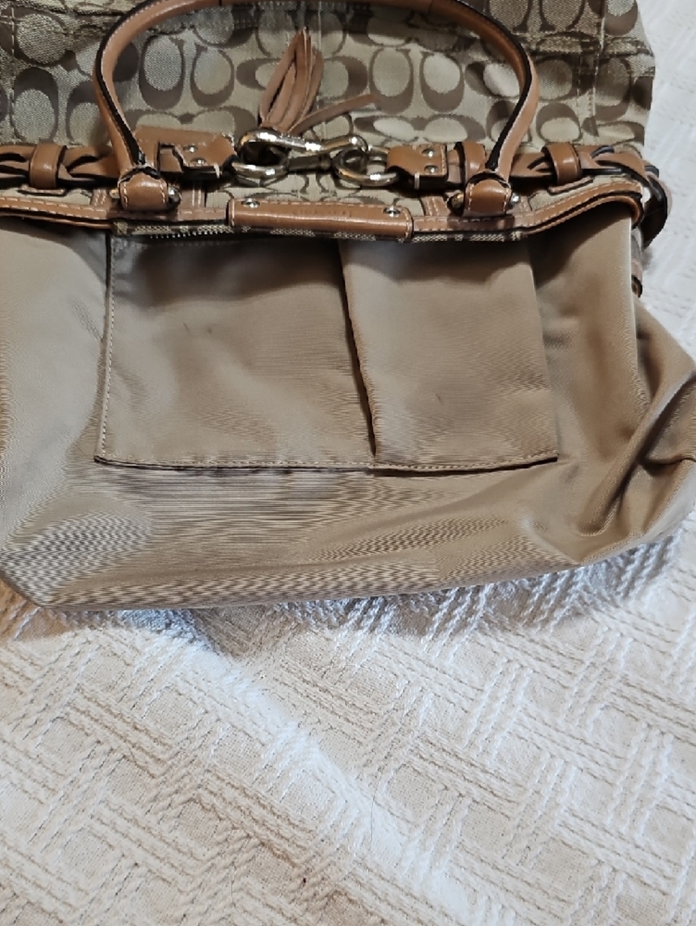 Coach Tan Signature Canvas Satchel with Leather Trim and Tassel - Picture 13 of 14